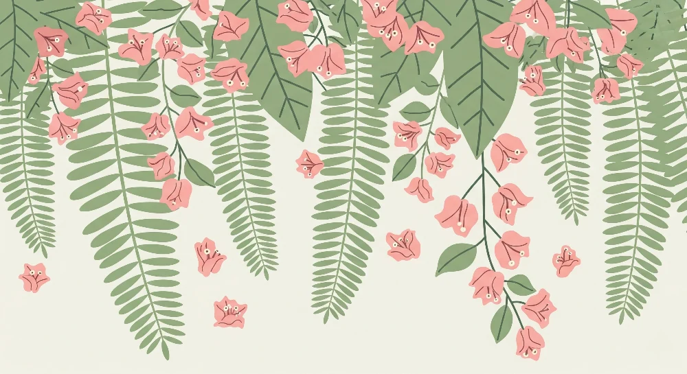 Tapet barnerom | Delikate blomster og frodig løvverk