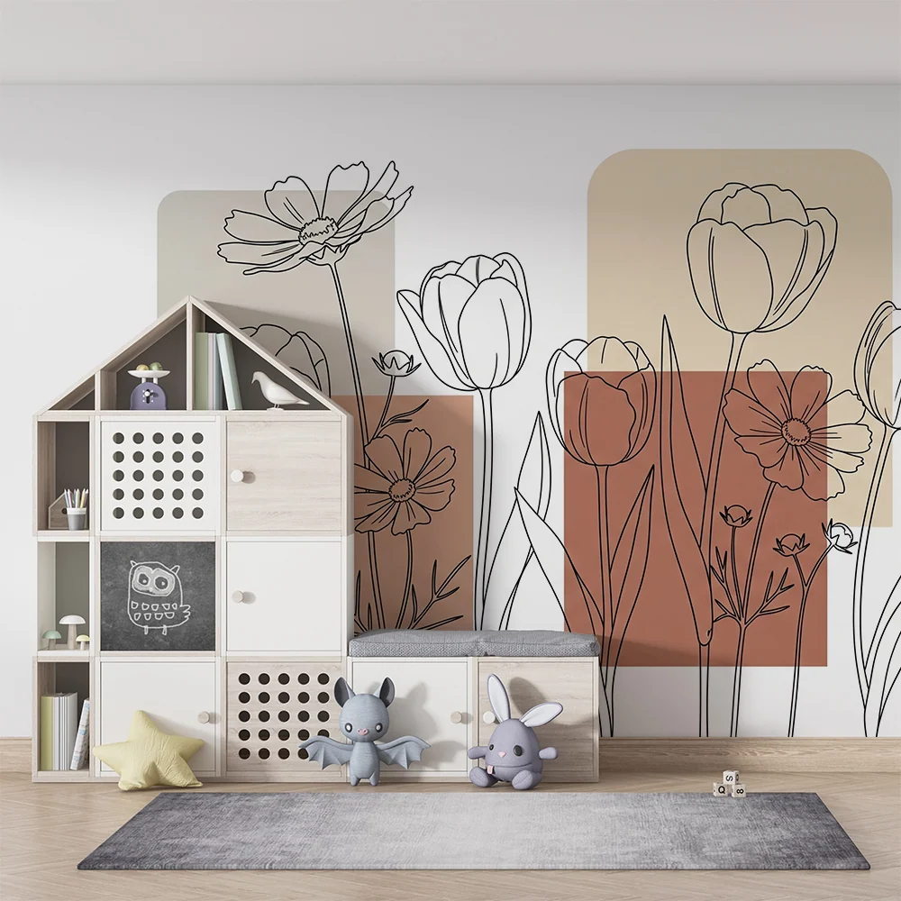 Tapet barnerom | Delikate blomster i linje med myke geometriske former