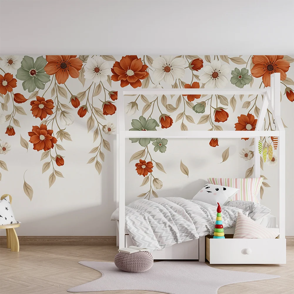 Tapet barnerom | Delikate blomster i myke og varme farger