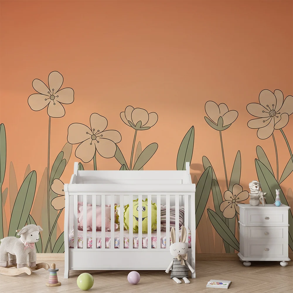 Tapet barnerom | Delikate blomster på oransje bakgrunn