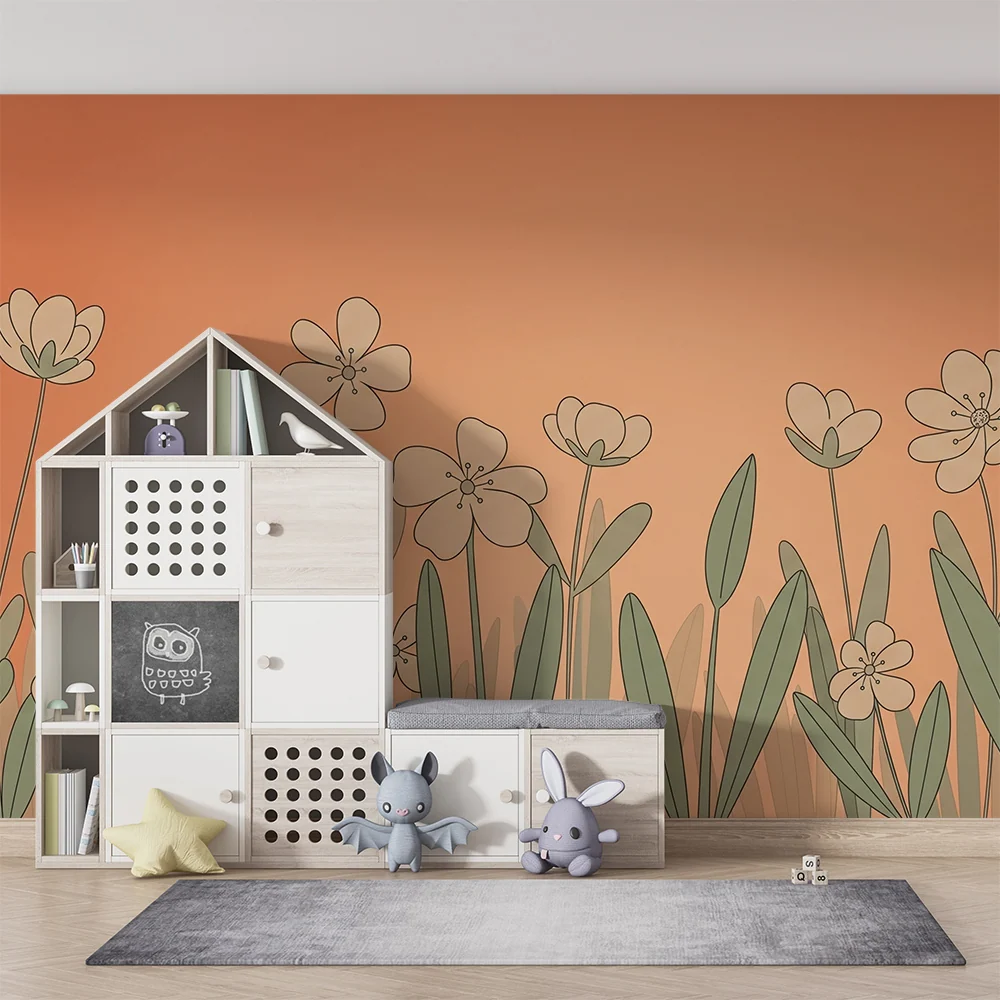Tapet barnerom | Delikate blomster på oransje bakgrunn