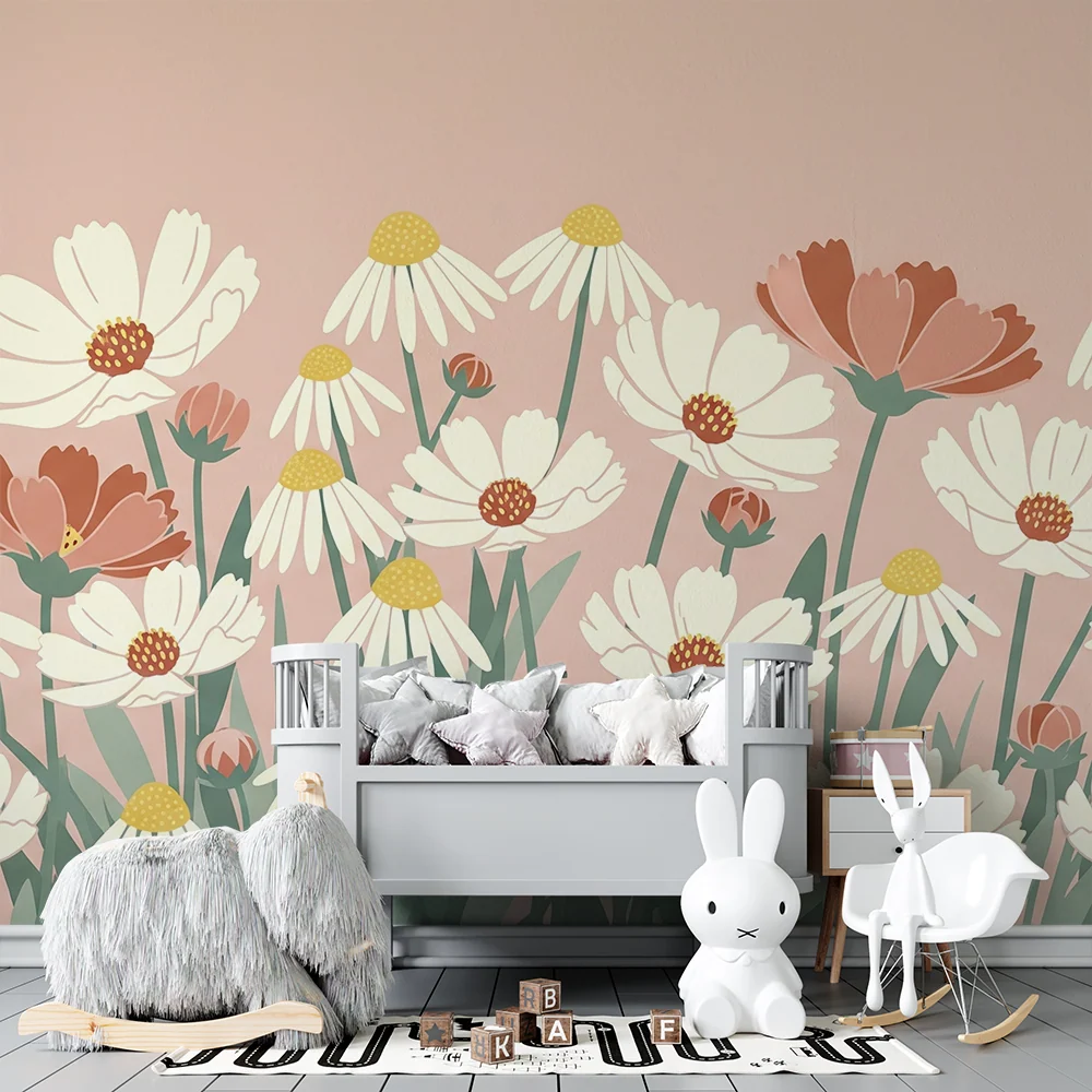 Tapet barnerom | Delikate blomster på pastellrosa bakgrunn