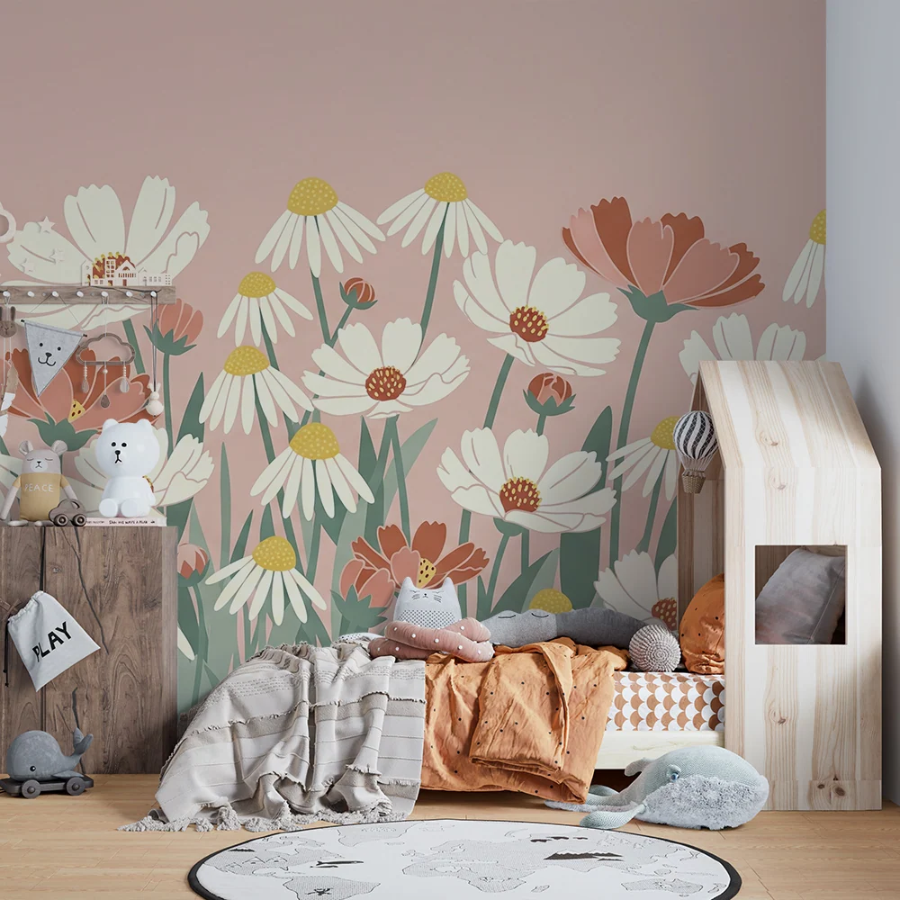 Tapet barnerom | Delikate blomster på pastellrosa bakgrunn