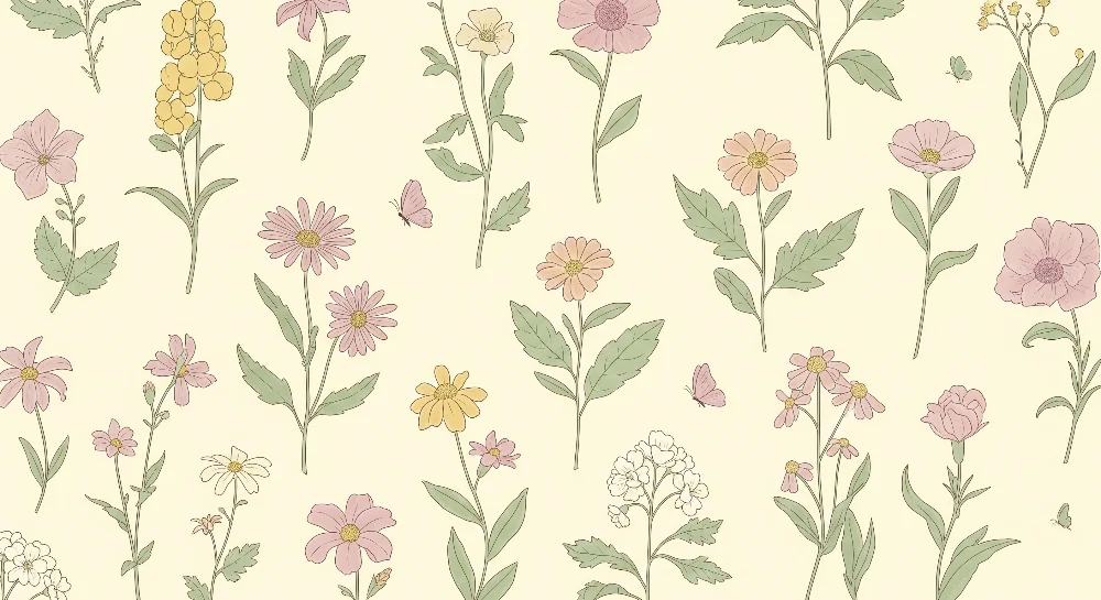 Tapet barnerom | Delikate blomster og sommerfugler på pastellfarget bakgrunn