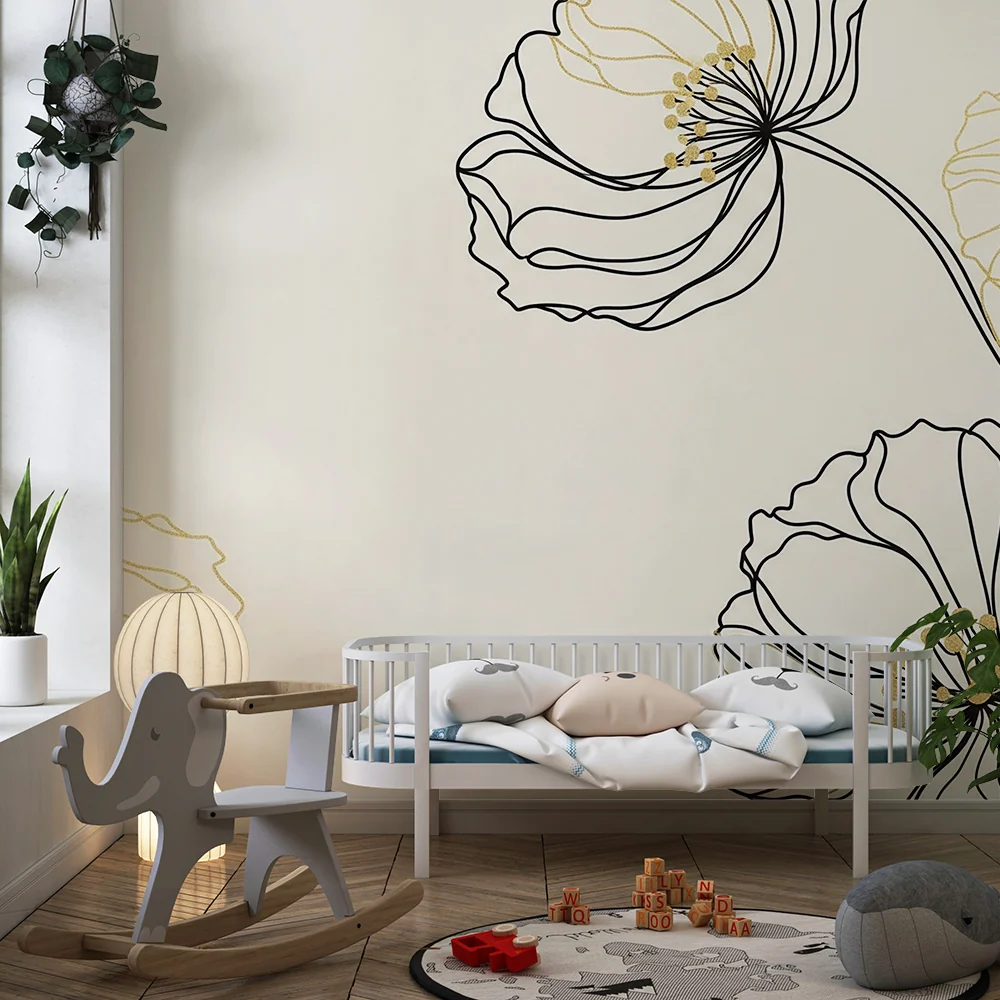 Tapet barnerom | Delikate blomster i svart og gull