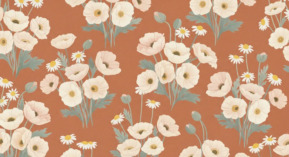 Tapet barnerom | Delikate blomster på terrakottafarget bakgrunn