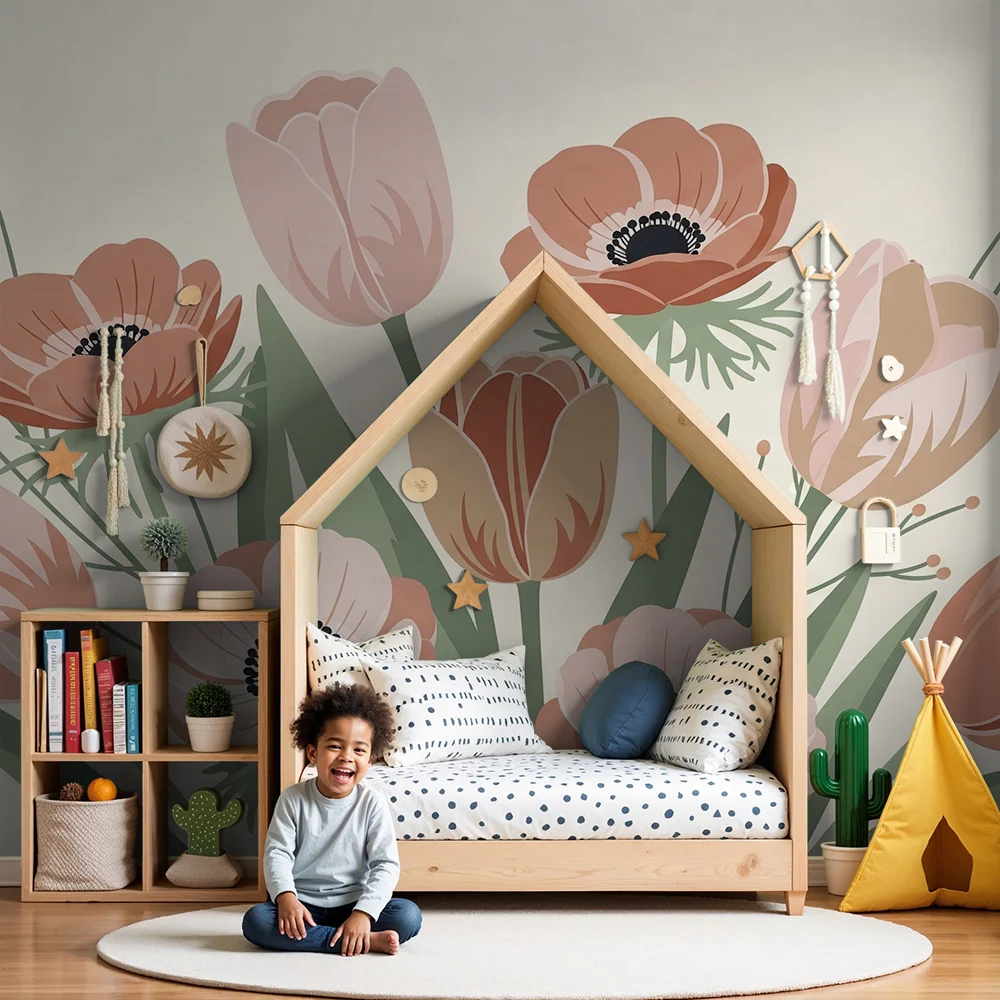 Tapet barnerom | Delikate blomsterbukett i myke farger