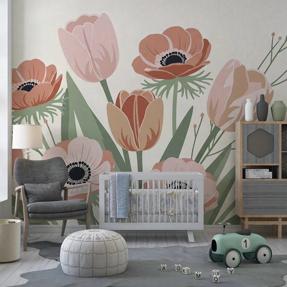 Tapet barnerom | Delikate blomsterbukett i myke farger