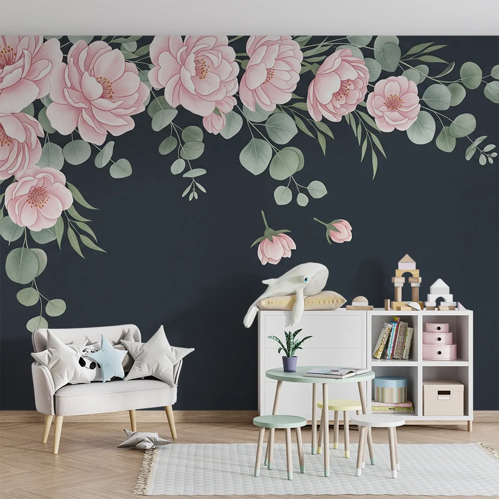 Tapet barnerom | Delikate rosa blomster på mørk bakgrunn