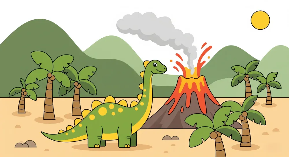Tapet barnerom | Dinosaur og fargerik vulkan
