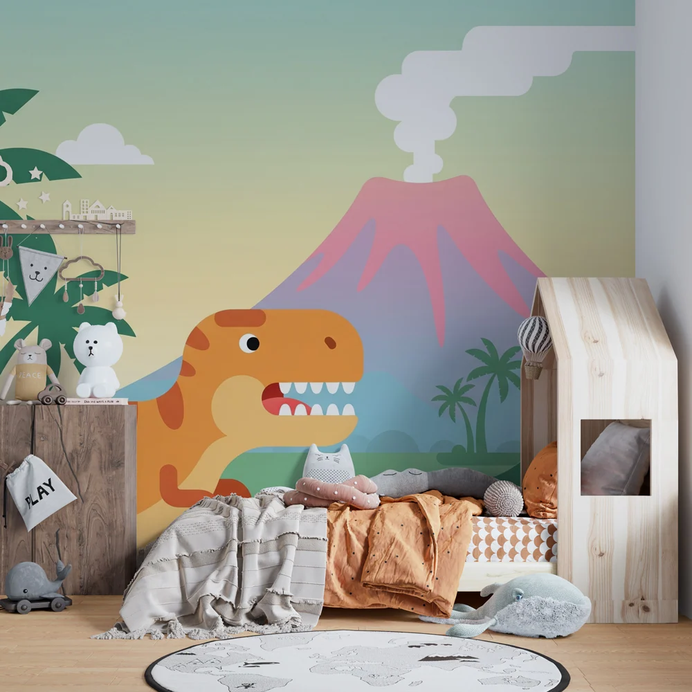 Tapet barnerom | Dinosaur og vulkan ved solnedgang