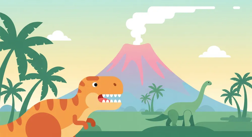 Tapet barnerom | Dinosaur og vulkan ved solnedgang