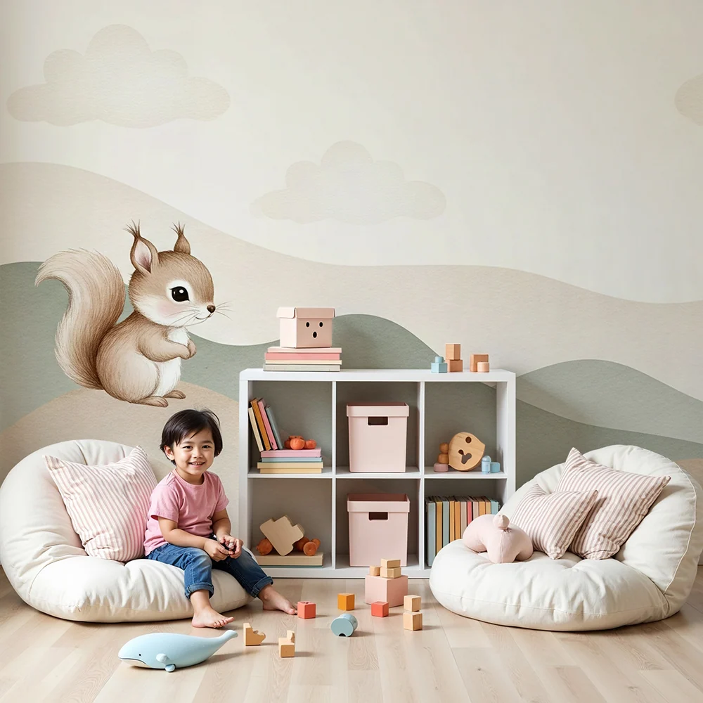 Tapet barnerom | Søt ekorn på myke åser