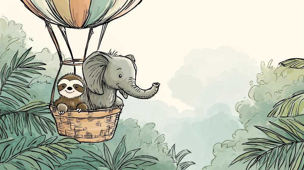 Tapet barnerom | Elefant og dovendyr i luftballong over jungelen