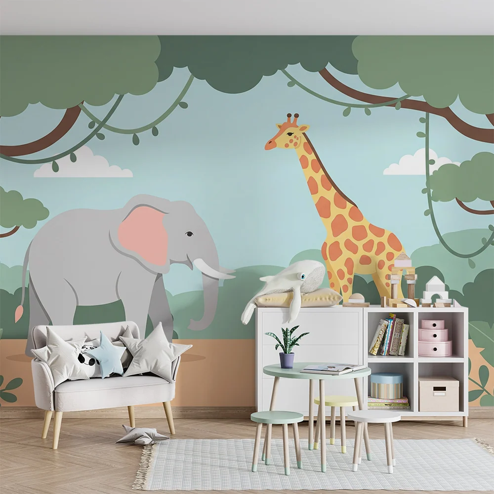 Tapet barnerom | Elefant og giraff i en fargerik jungel