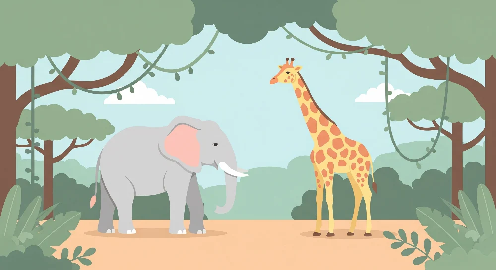 Tapet barnerom | Elefant og giraff i en fargerik jungel