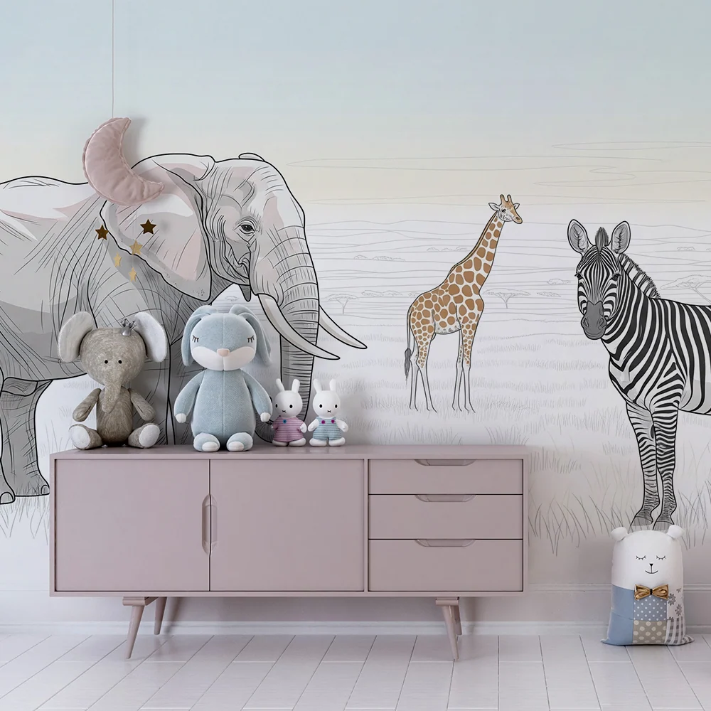 Tapet barnerom | Elefant, giraff og sebra på savannen