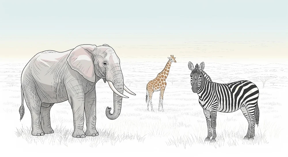 Tapet barnerom | Elefant, giraff og sebra på savannen