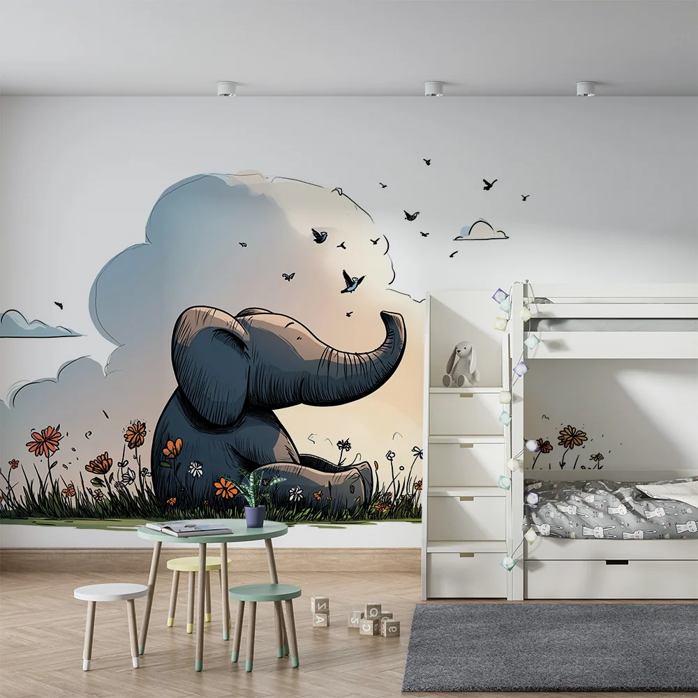Tapet barnerom | Søt elefant midt blant blomster og fugler