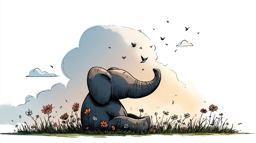 Tapet barnerom | Søt elefant midt blant blomster og fugler