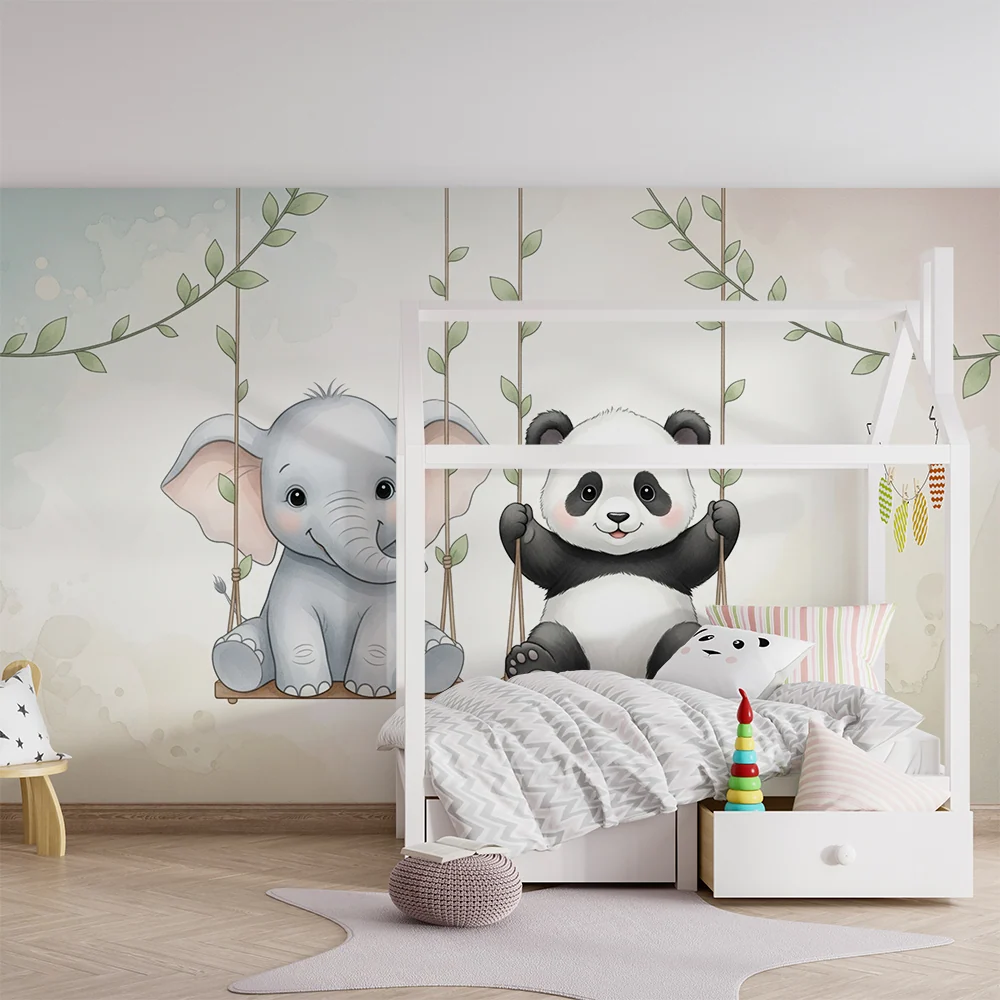 Tapet barnerom | Elefant og panda på husker