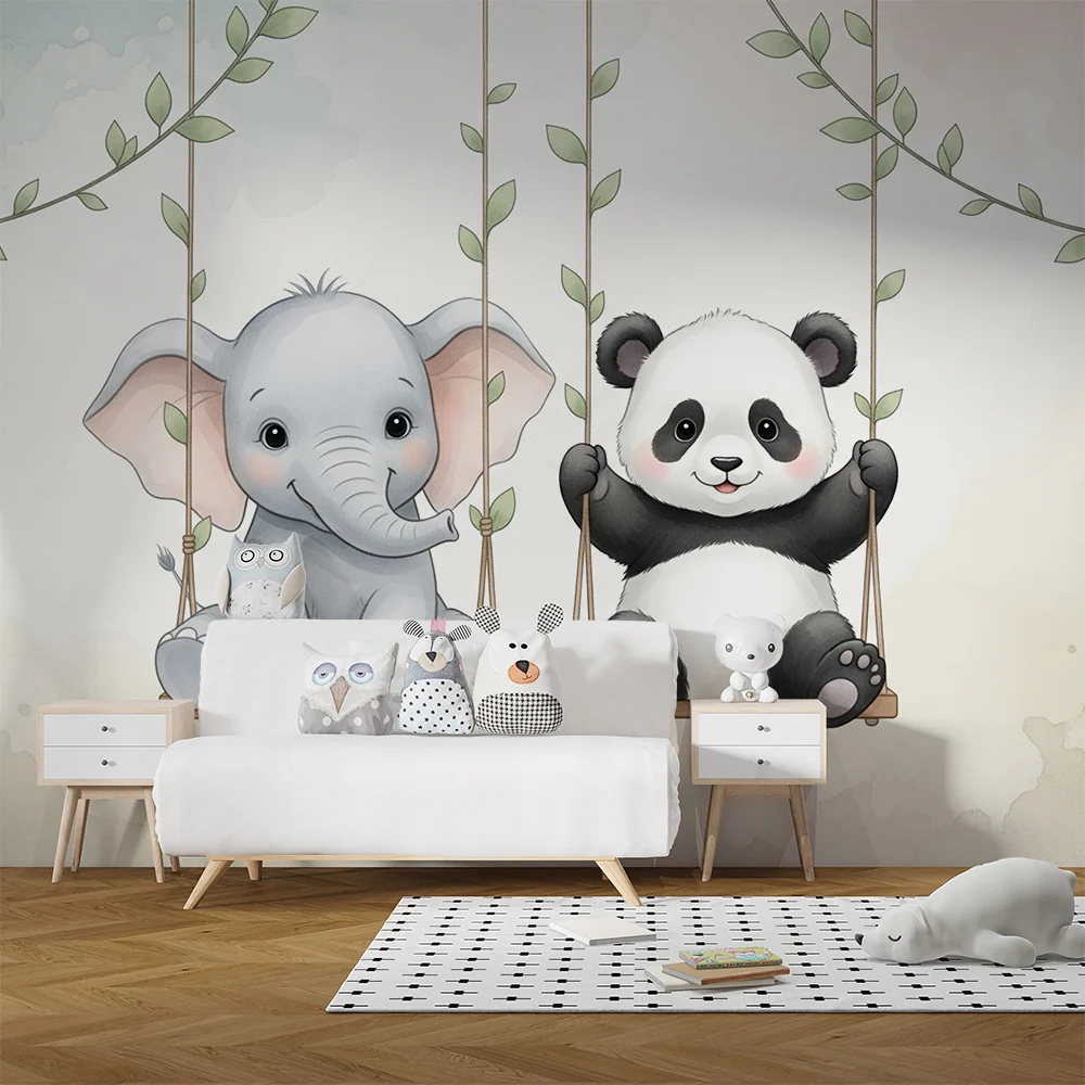 Tapet barnerom | Elefant og panda på husker