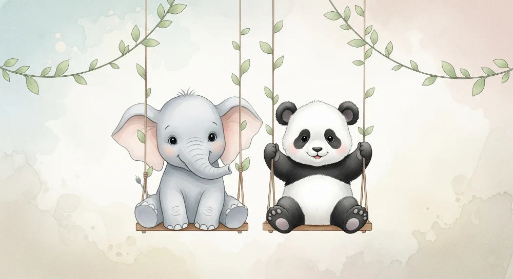 Tapet barnerom | Elefant og panda på husker