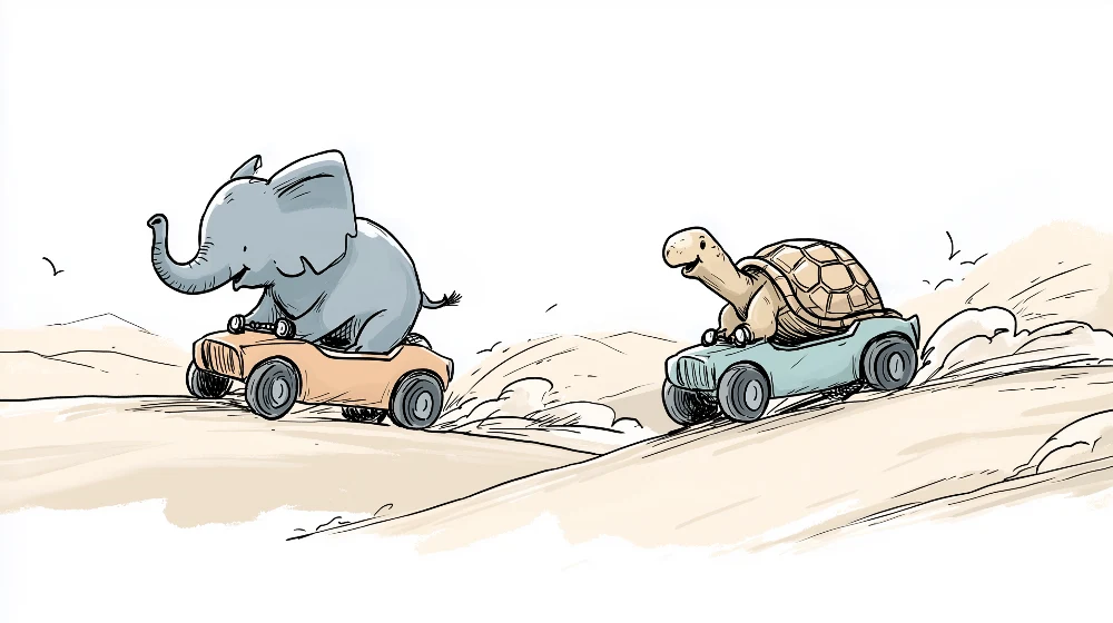 Tapet barnerom | Elefant og skilpadde løper på fargerike biler