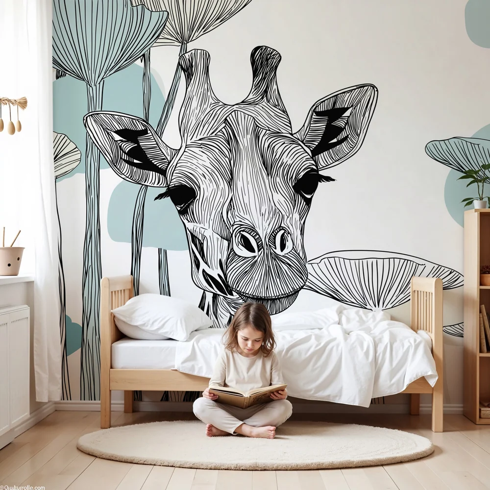 Tapet barnerom | Elegant giraff og kunstnerisk løvverk