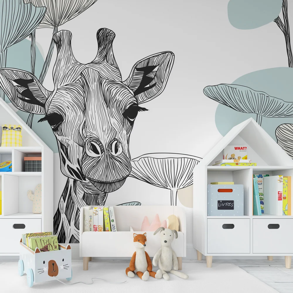 Tapet barnerom | Elegant giraff og kunstnerisk løvverk