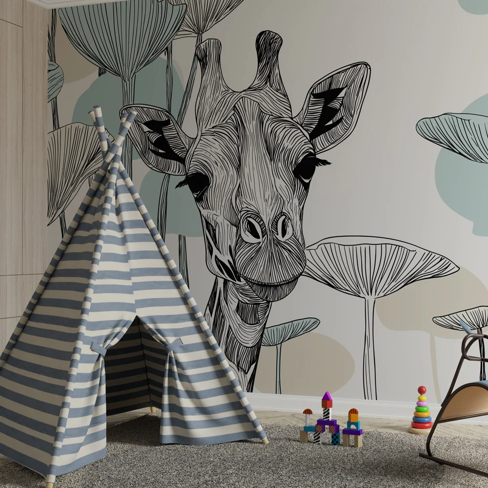 Tapet barnerom | Elegant giraff og kunstnerisk løvverk
