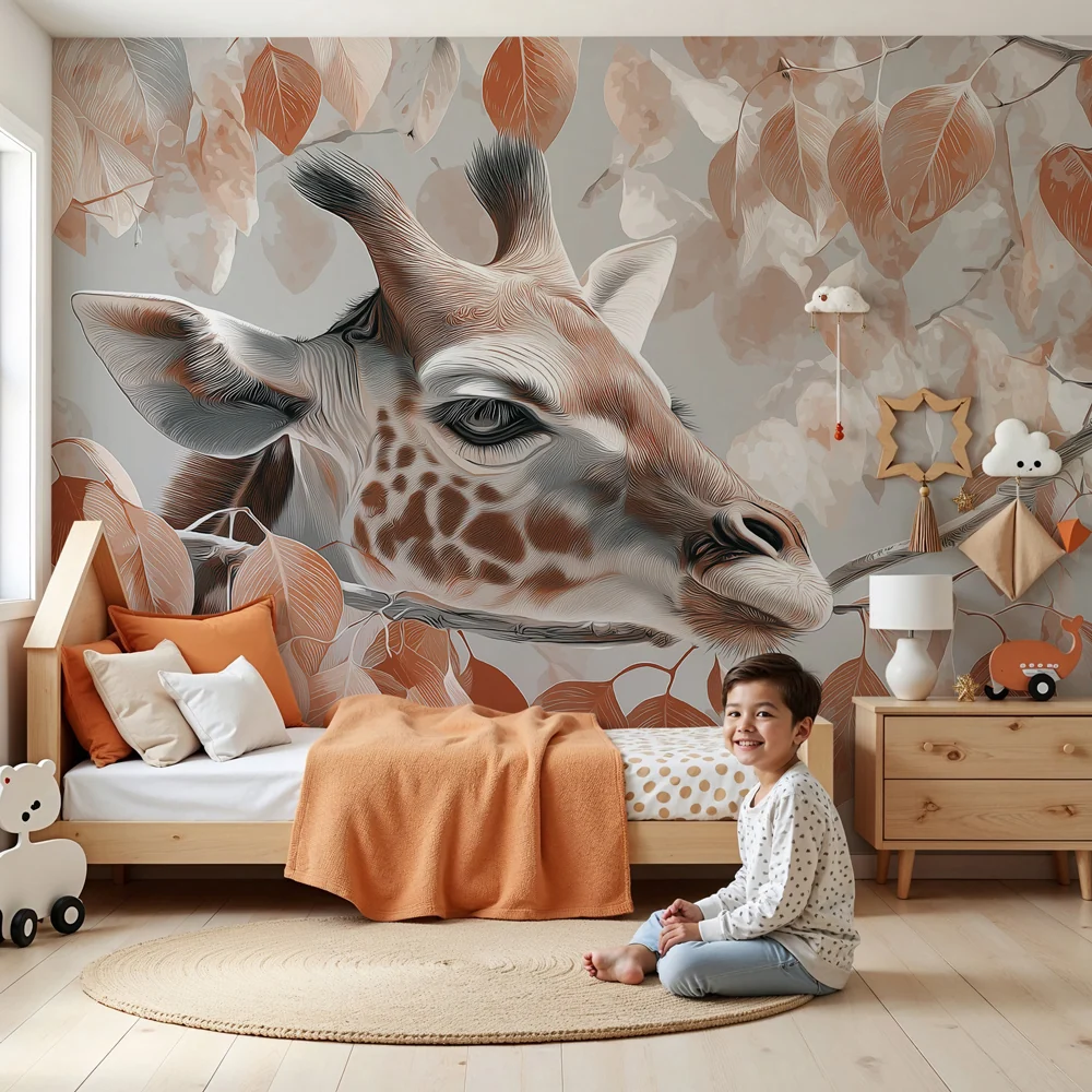Tapet barnerom | Elegant giraff midt blant bladene