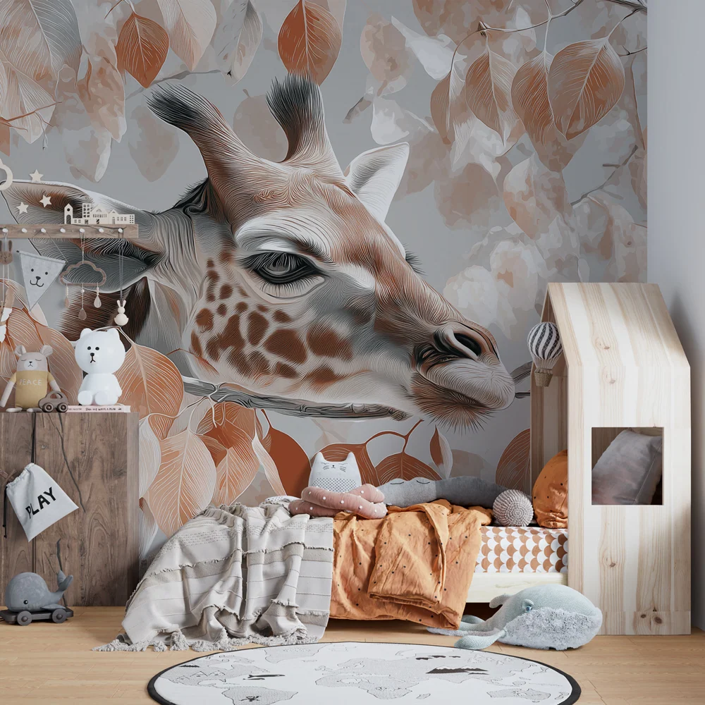Tapet barnerom | Elegant giraff midt blant bladene