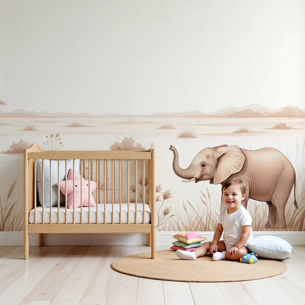 Tapet barnerom | Elegant safari med elefant og antilope