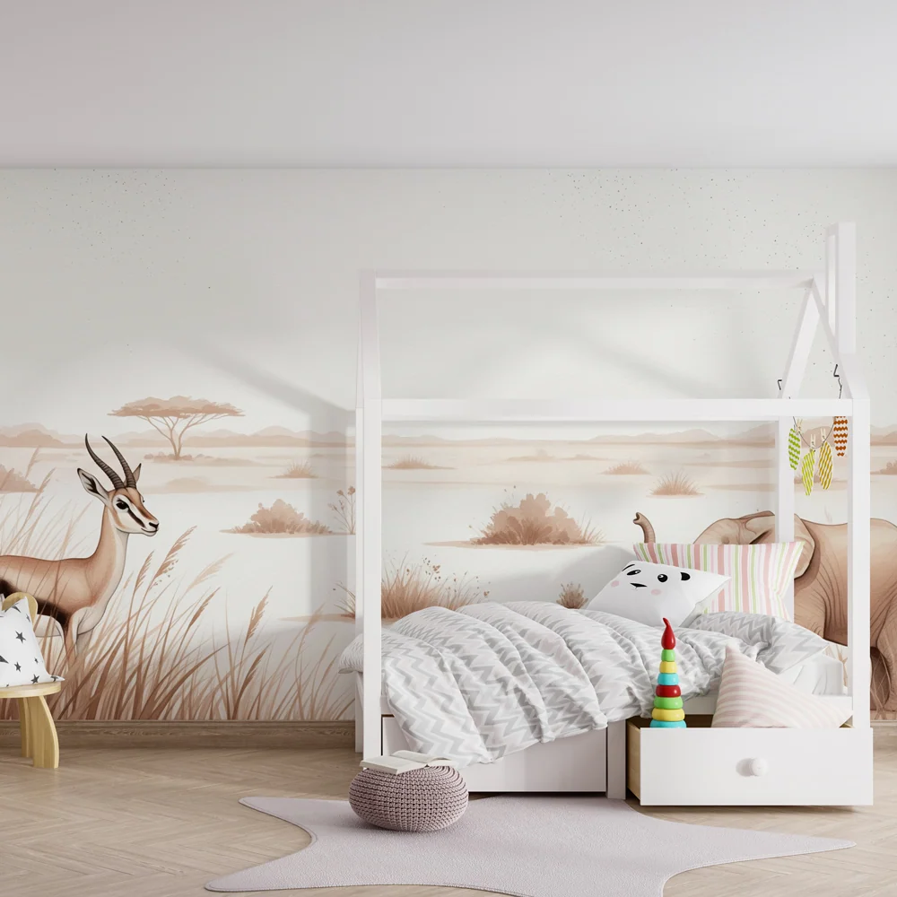 Tapet barnerom | Elegant safari med elefant og antilope