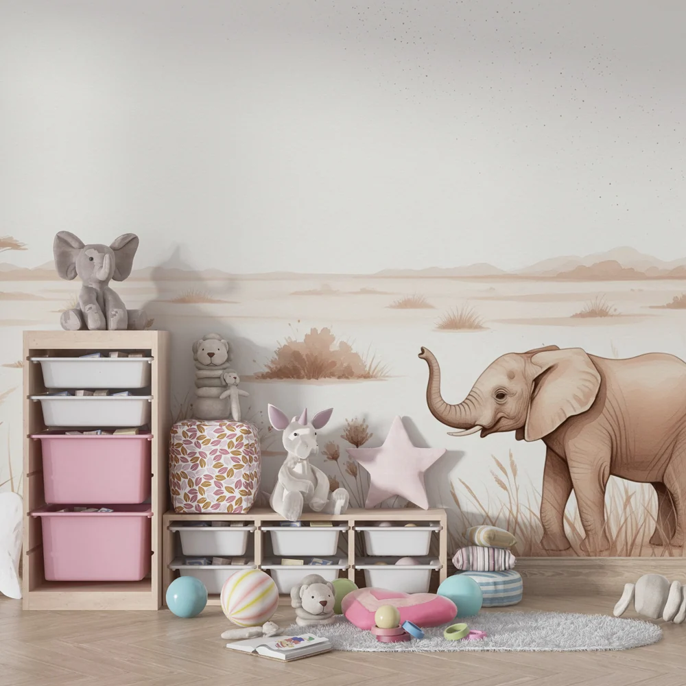 Tapet barnerom | Elegant safari med elefant og antilope