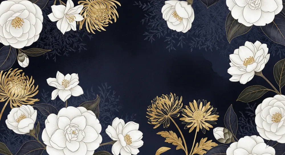 Tapet barnerom | Elegante blomster på mørkeblå bakgrunn med gullfargede aksenter