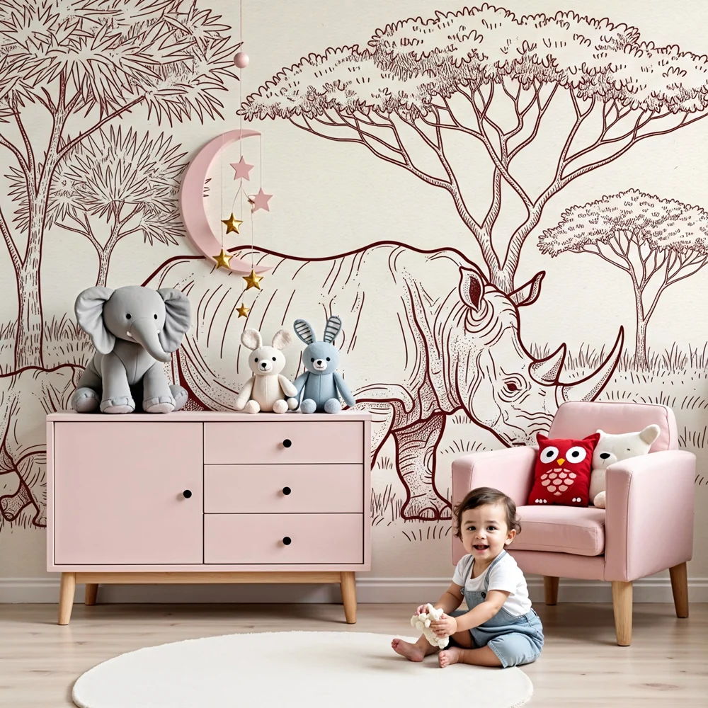Tapet barnerom | Elegante neshorn i savannen