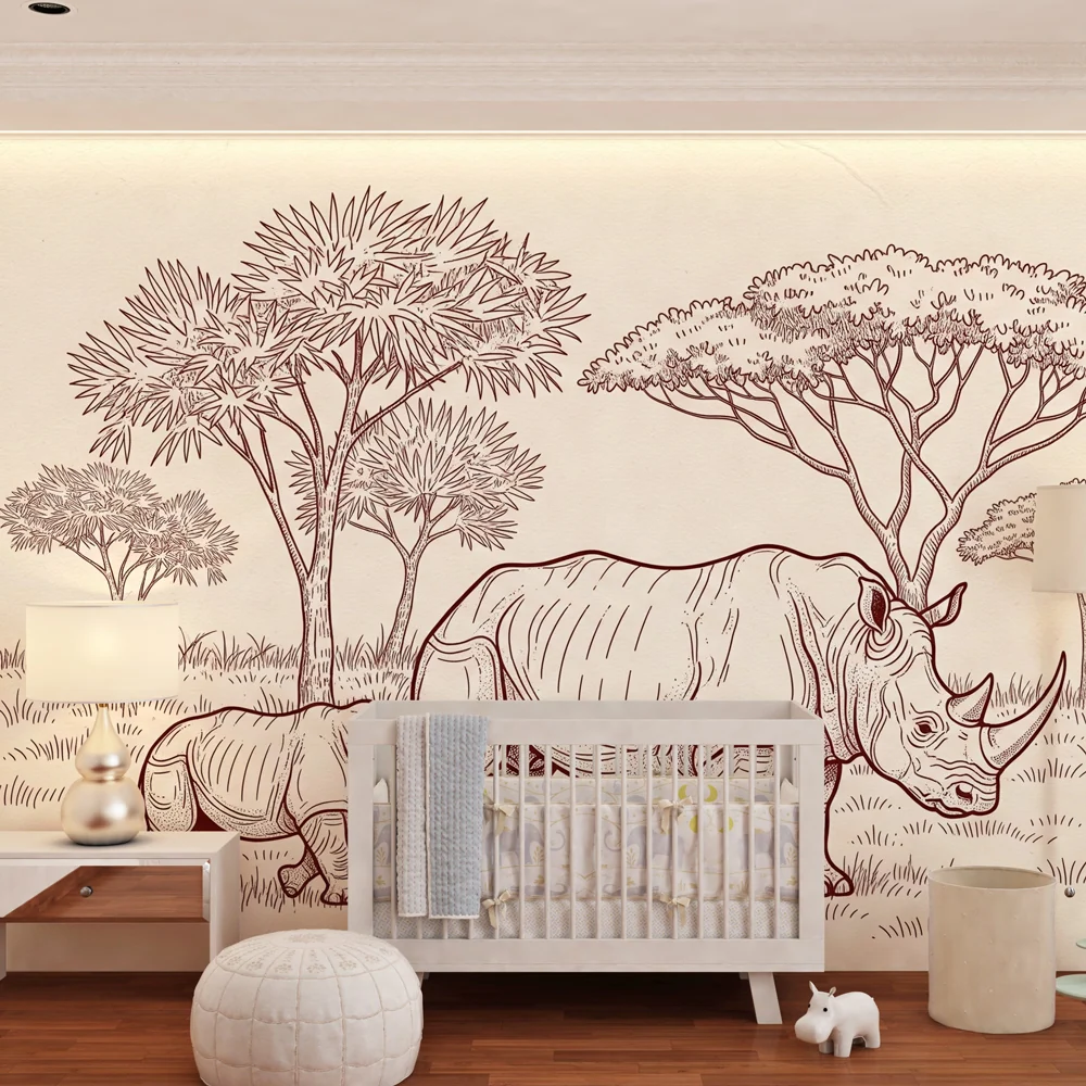 Tapet barnerom | Elegante neshorn i savannen