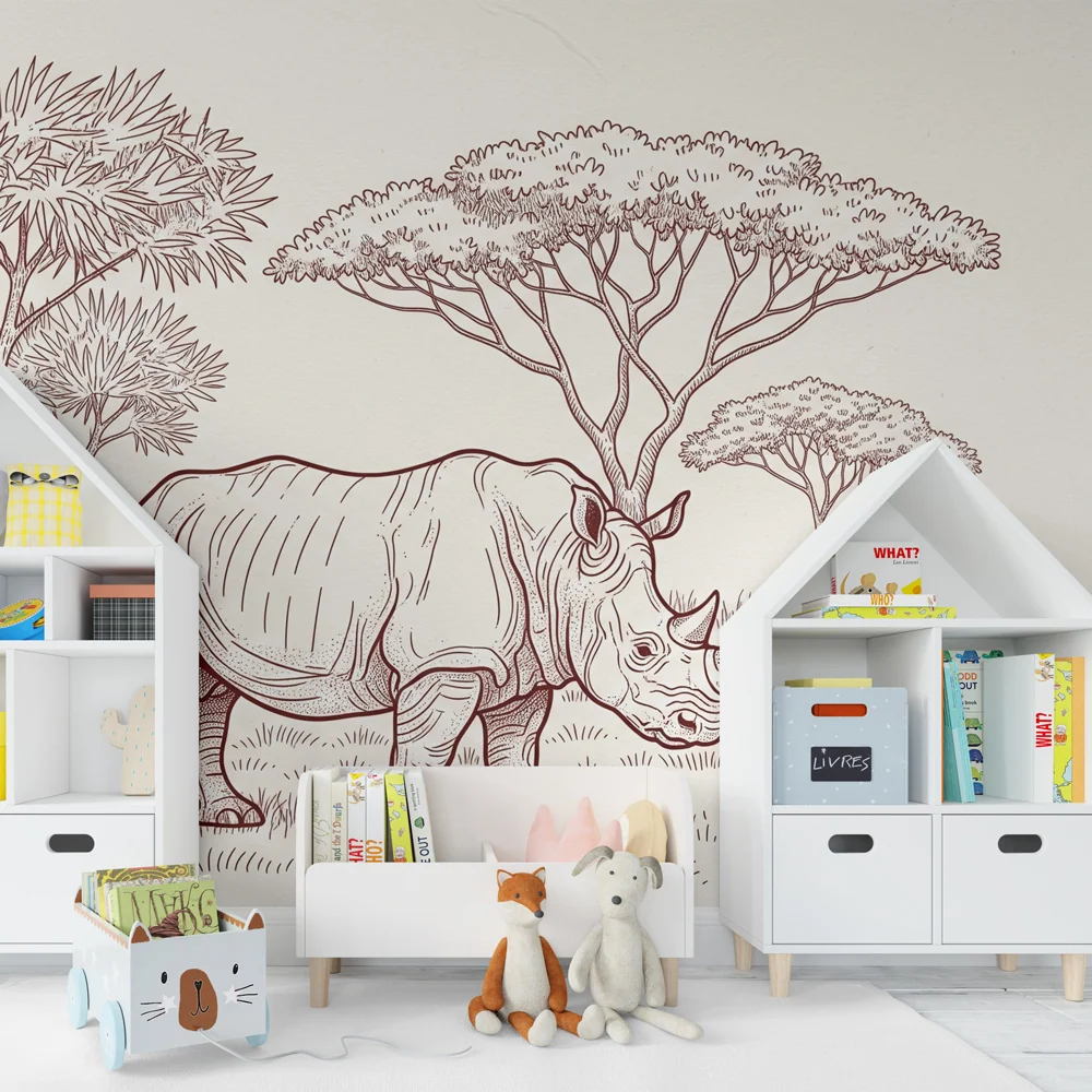 Tapet barnerom | Elegante neshorn i savannen