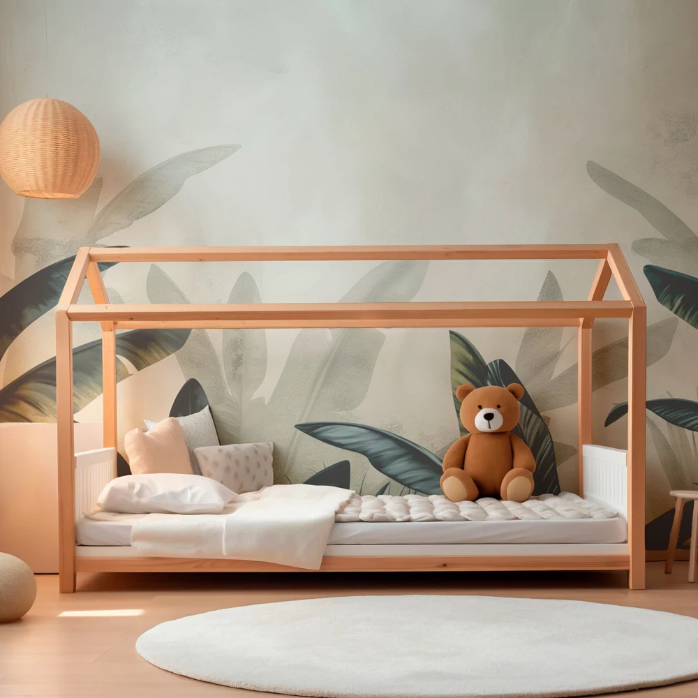 Tapet barnerom | Elegante tropiske blader på beige bakgrunn