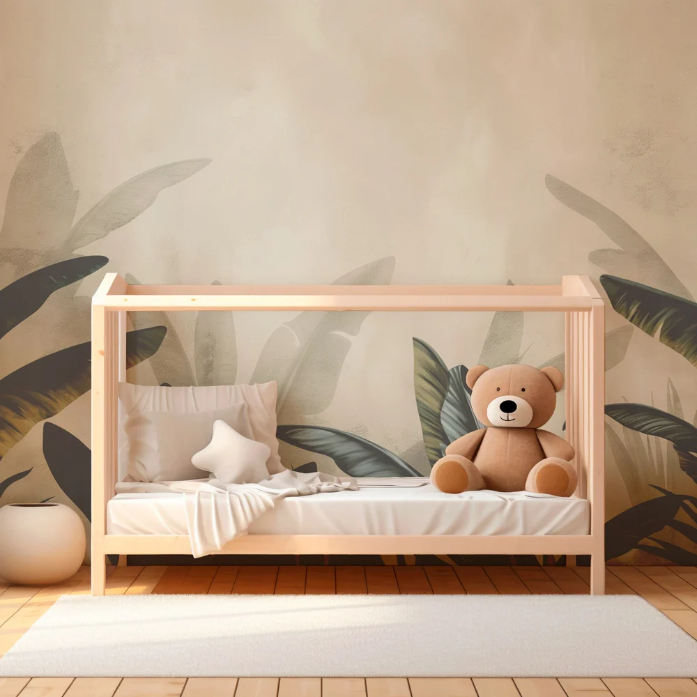 Tapet barnerom | Elegante tropiske blader på beige bakgrunn