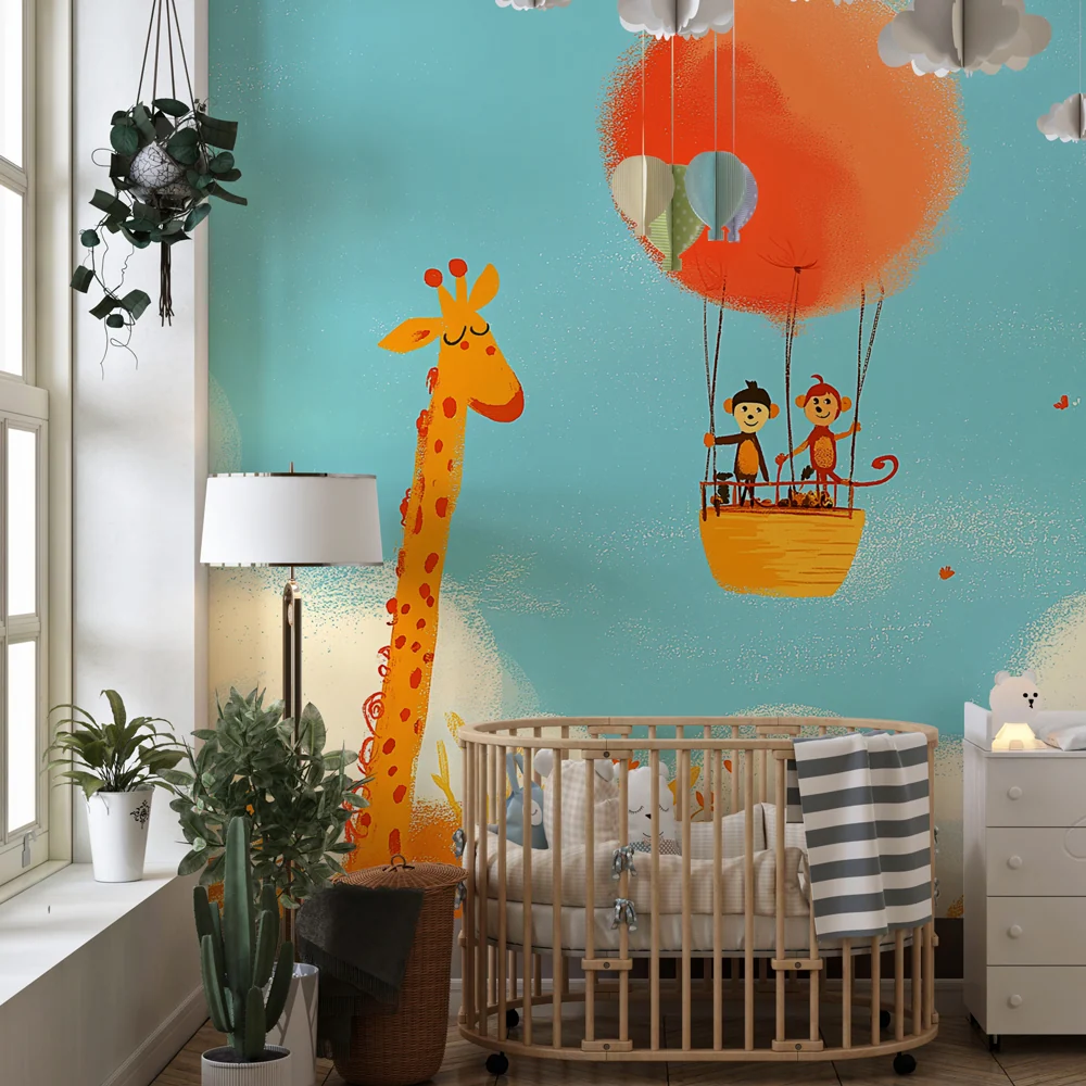 Tapet barnerom | Eventyr i himmelen med giraffen og apene