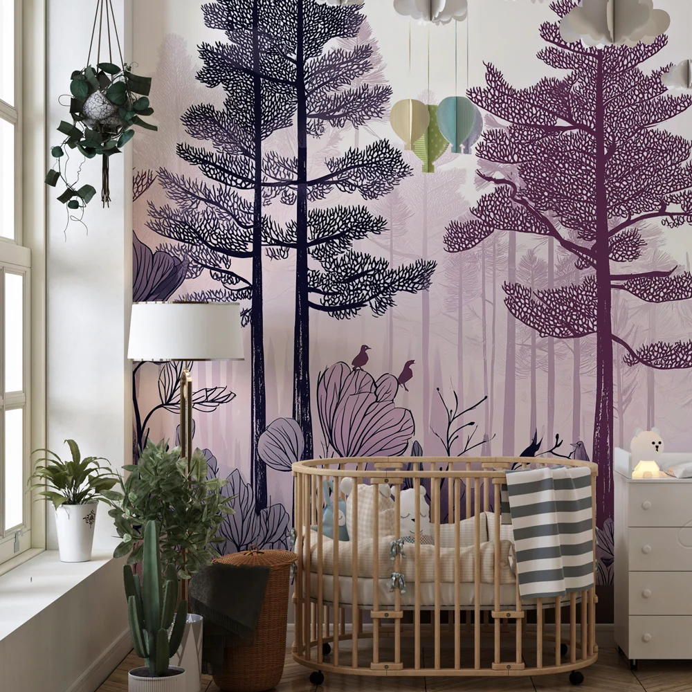 Tapet barnerom | Eventyrskog med blomster og fugler