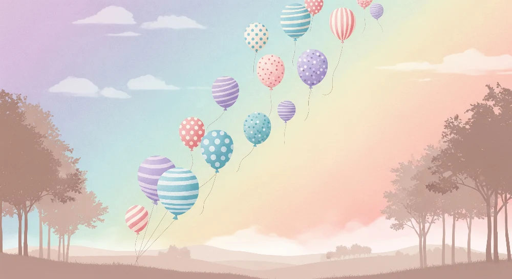 Tapet barnerom | Fargede ballonger som flyter i en pastellfarget himmel