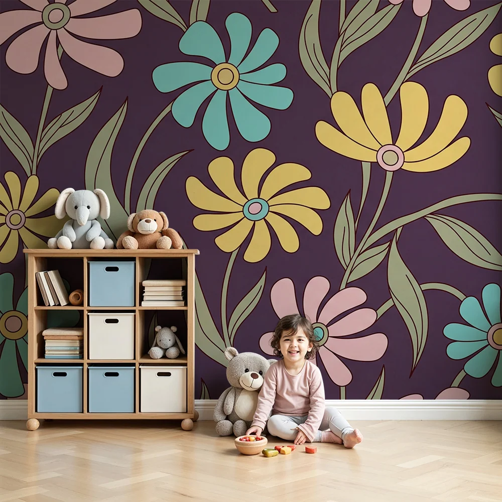 Tapet barnerom | Fargerike blomster på lilla bakgrunn