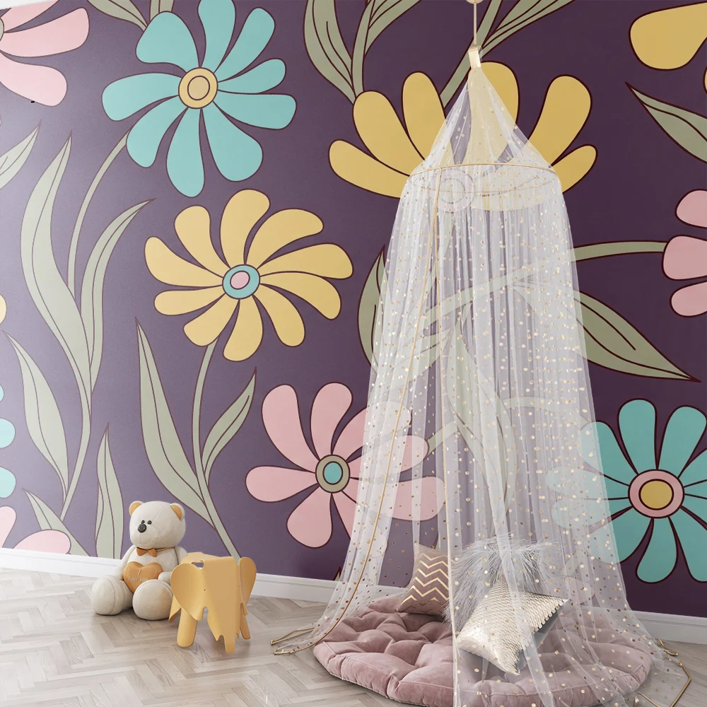 Tapet barnerom | Fargerike blomster på lilla bakgrunn