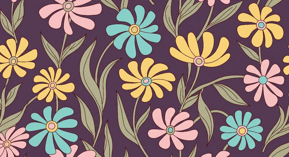 Tapet barnerom | Fargerike blomster på lilla bakgrunn