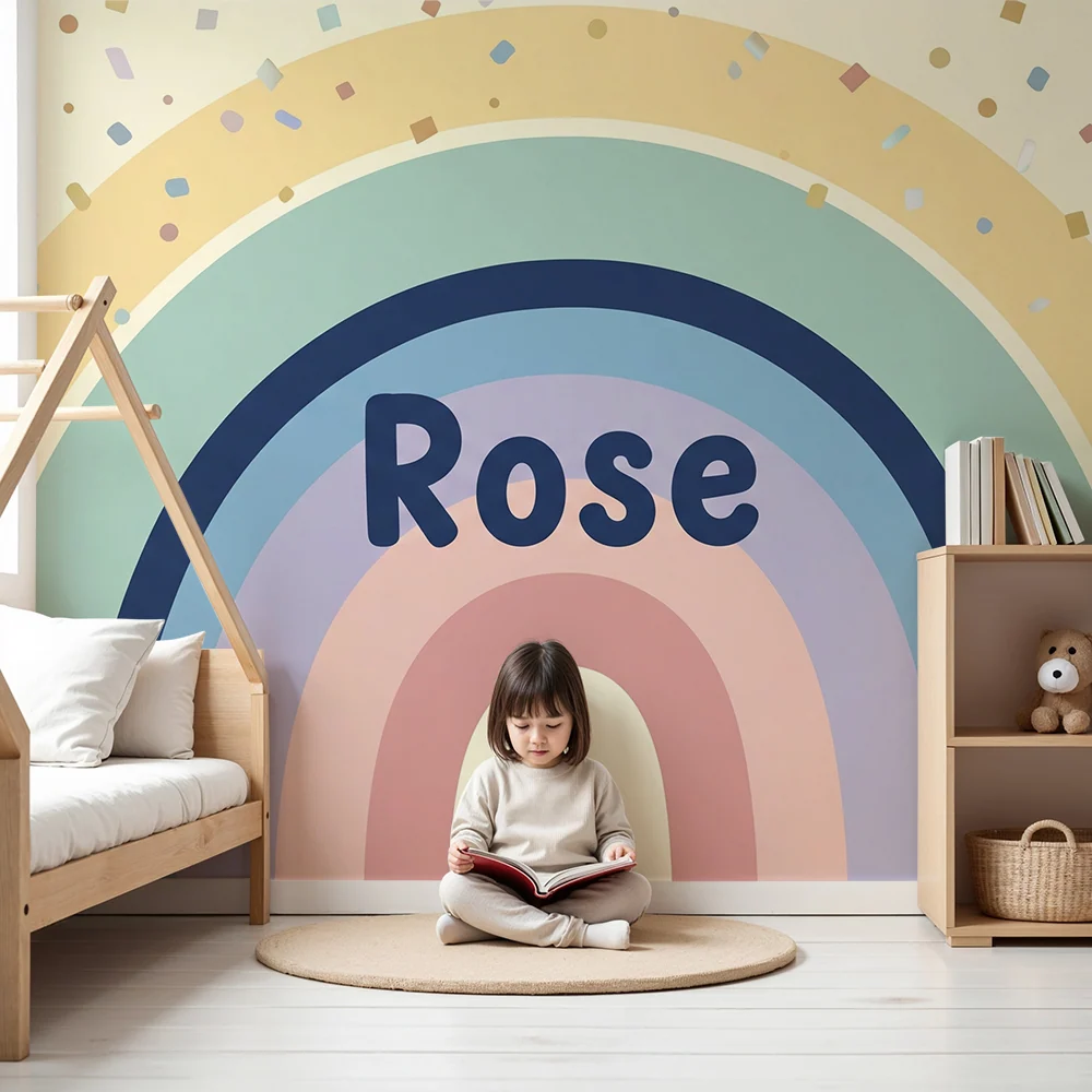 Tapet barnerom | Fargerikt regnbue med konfetti og ordet 'Rose'