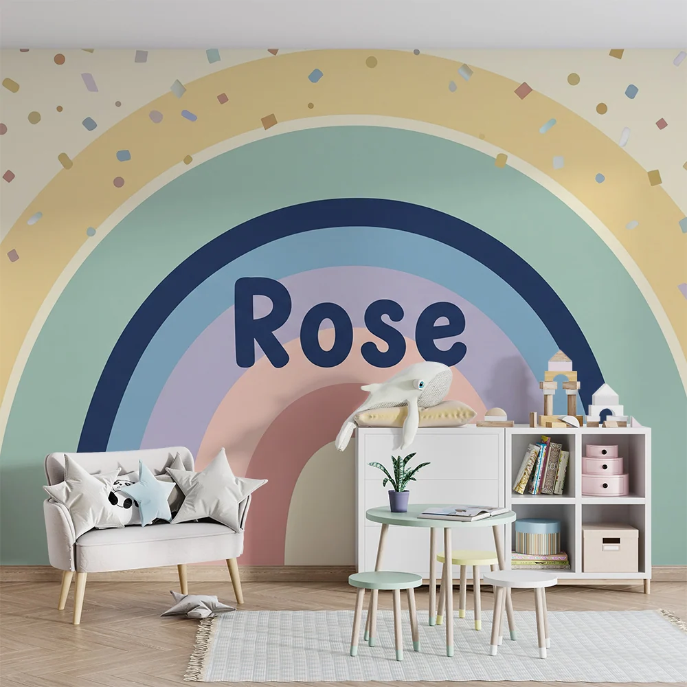 Tapet barnerom | Fargerikt regnbue med konfetti og ordet 'Rose'